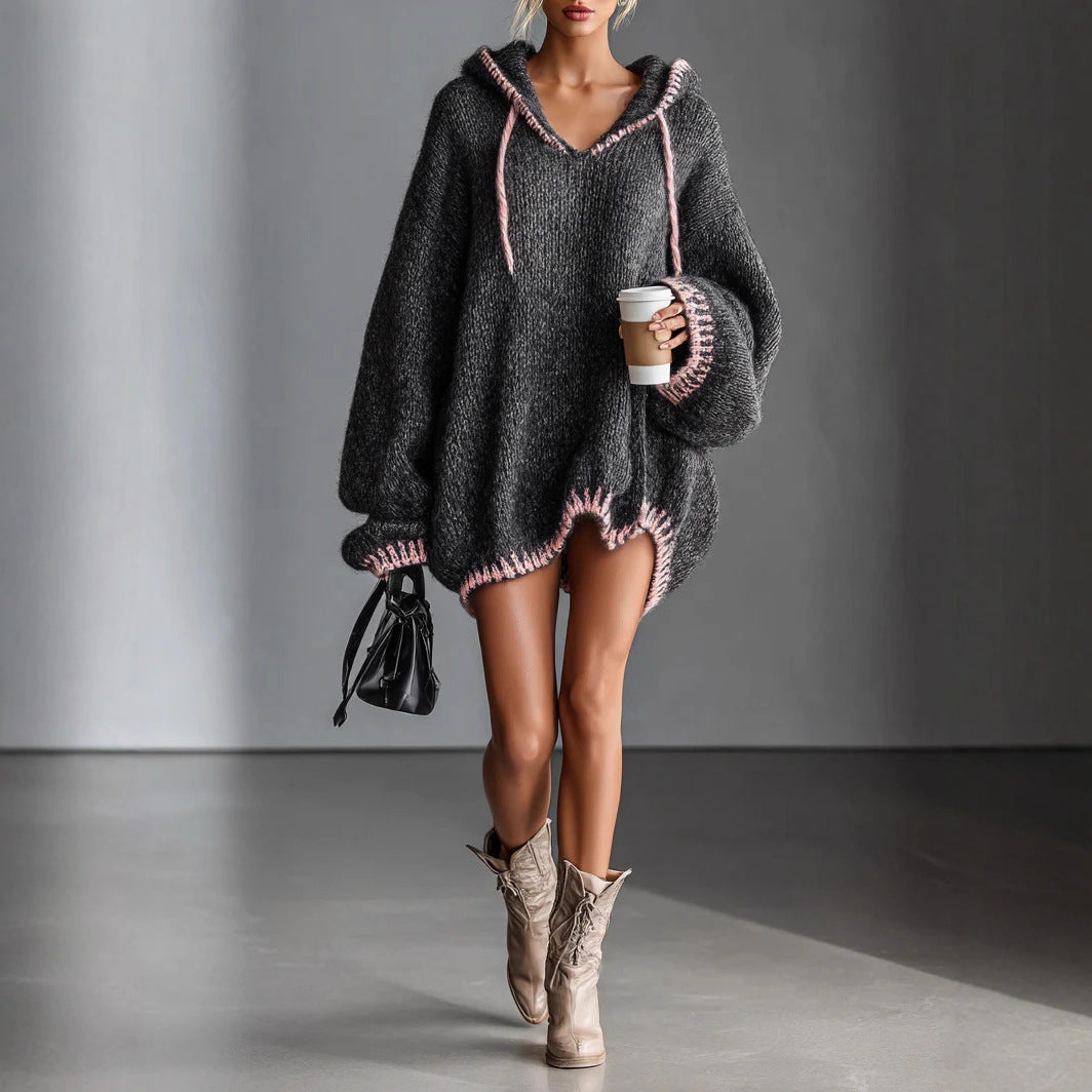 Fashion Color Contrast Stitching Sweater Long Sleeve Hooded Sweater