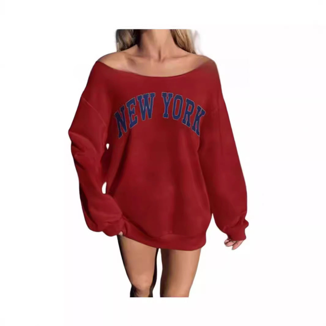 Women's Simple Letter Print Off-shoulder Long Sleeve Sweater