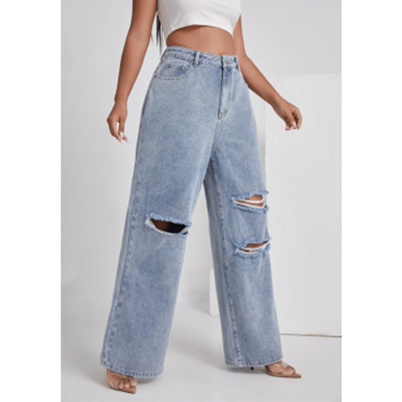 Dame-Denim Med Huller Høj Talje Lige Ben Bukser