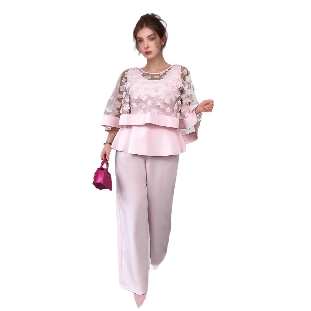 Net Yarn Flowers Long Sleeve Two-piece Set
