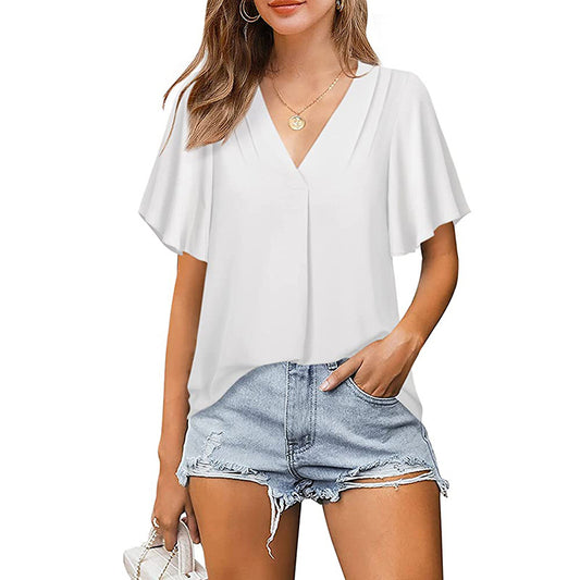 Chiffon With V-shaped Shape Pleated Loose Shirt