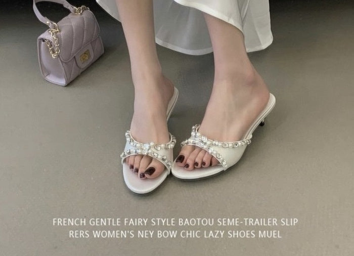 Women's Elegant Low Heel Sandals With Rhinestone & Pearl Bow, Round Toe, Simple Satin, Perfect For Dresses