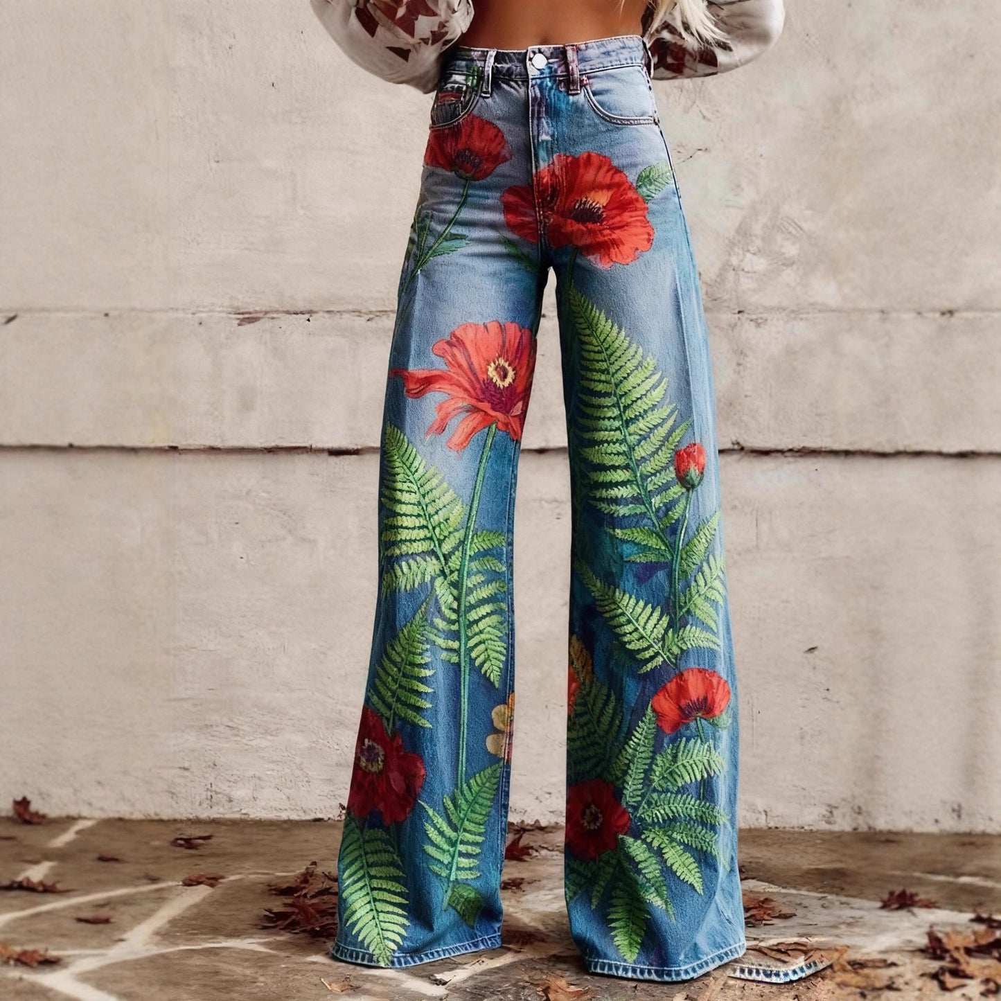 Floral-patterned Slim-fit Faux Denim Wide-leg Pants