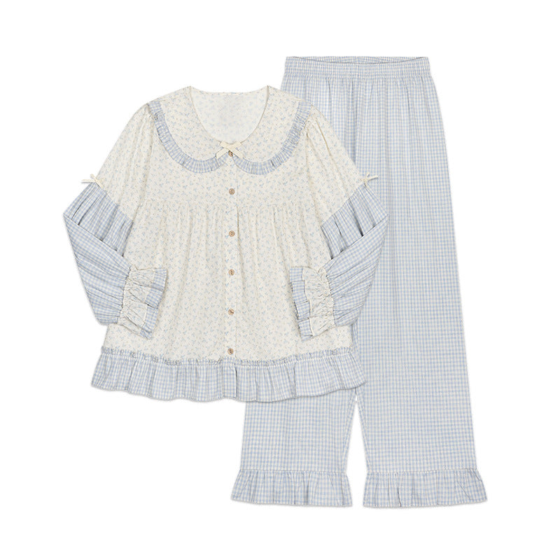 Sweet All-cotton Patchwork Doll-collar Pajama Setperfect For Lounging At Home Or Wearing Out