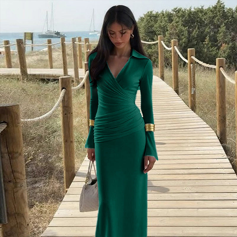 Womens Elegant Waist-cinching V-neck Long-sleeve Dress
