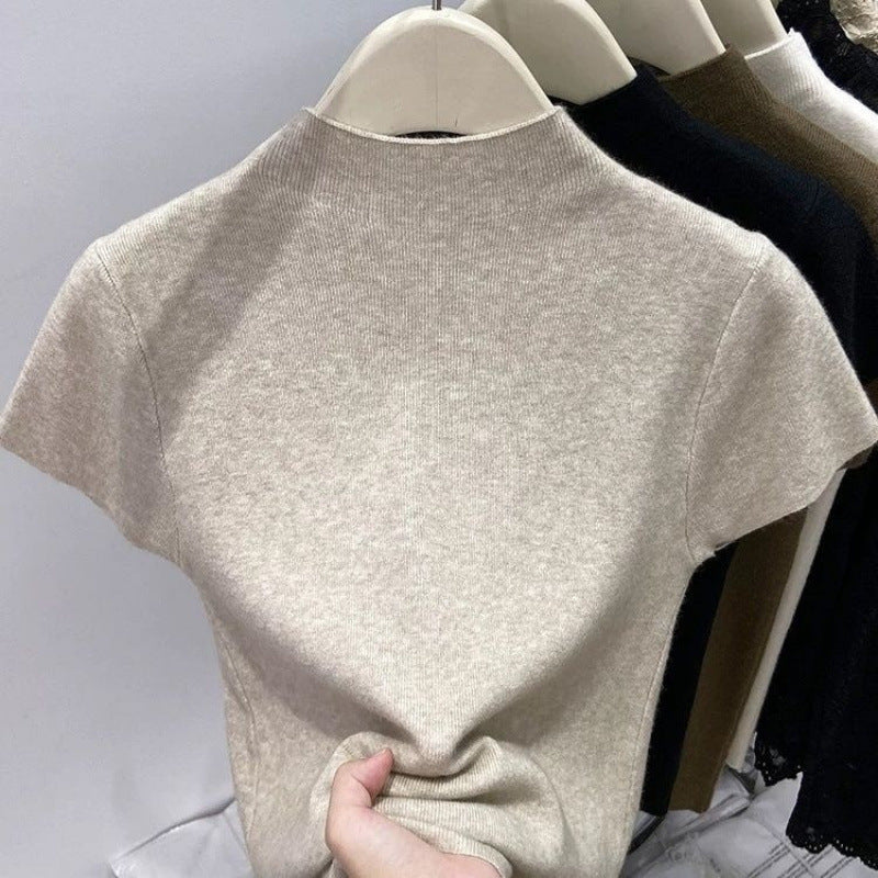 Dopamin Hot Girl Sort Mock-neck Skulder Kortærmet T-shirt Dame Sommer