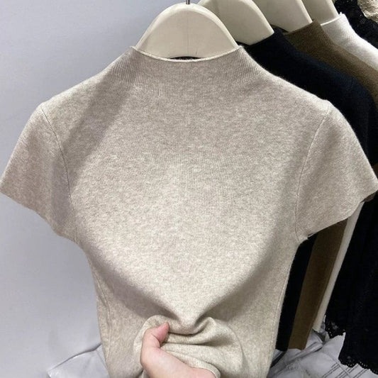 Dopamine Hot Girl Black Mock-neck Shoulder Short Sleeve Shirt Female Summer