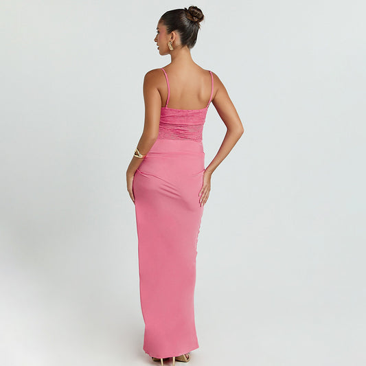 Sexy Chic Strapless Lace-Patchwork Evening Gown Long Fashion Street-Style Slim-Fit Slip Dress With Open Back