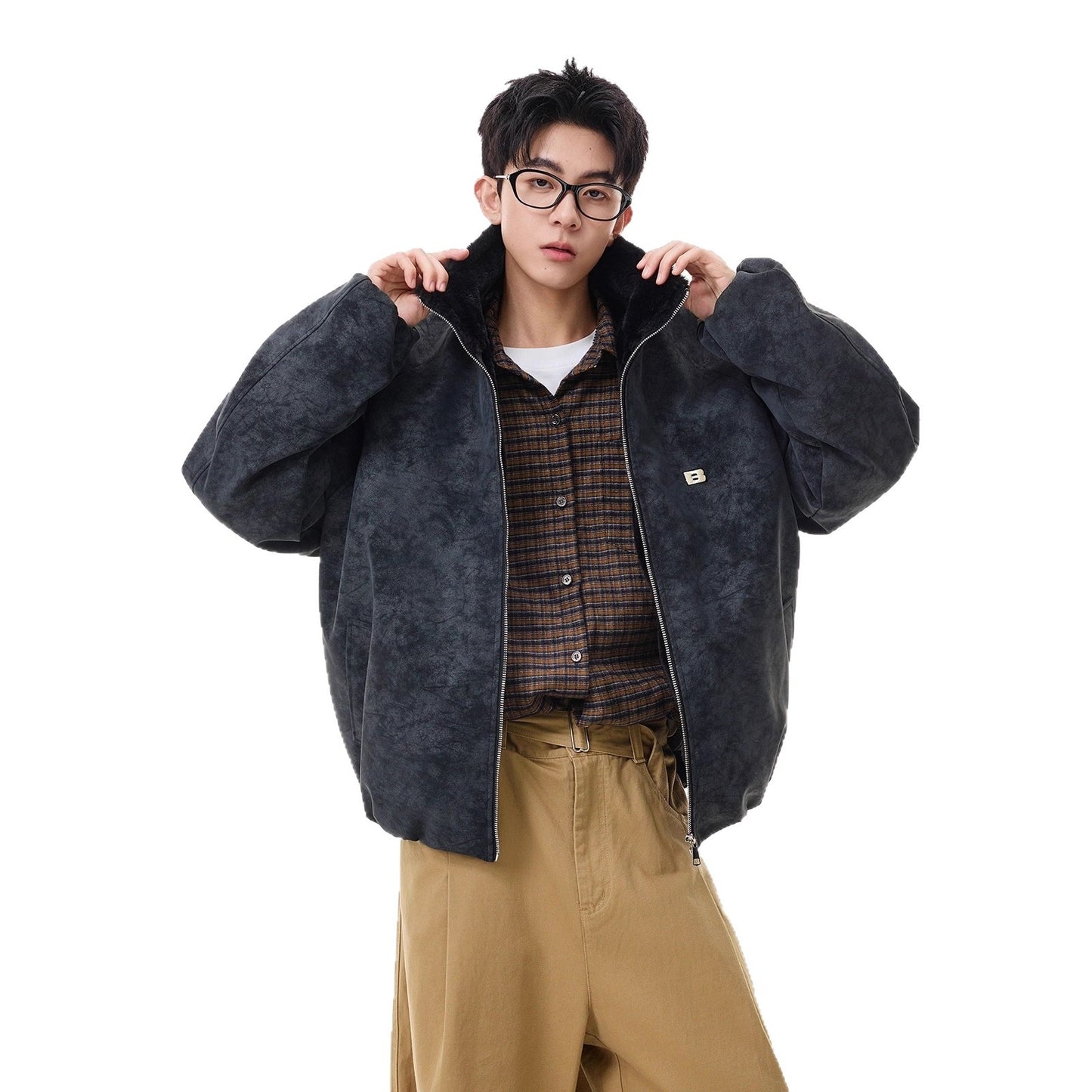 Mens American-style Fleece-lined Cotton Coat With A Lapel Featuring Tie-dye PU Leather And Fur In One And Extra Padding