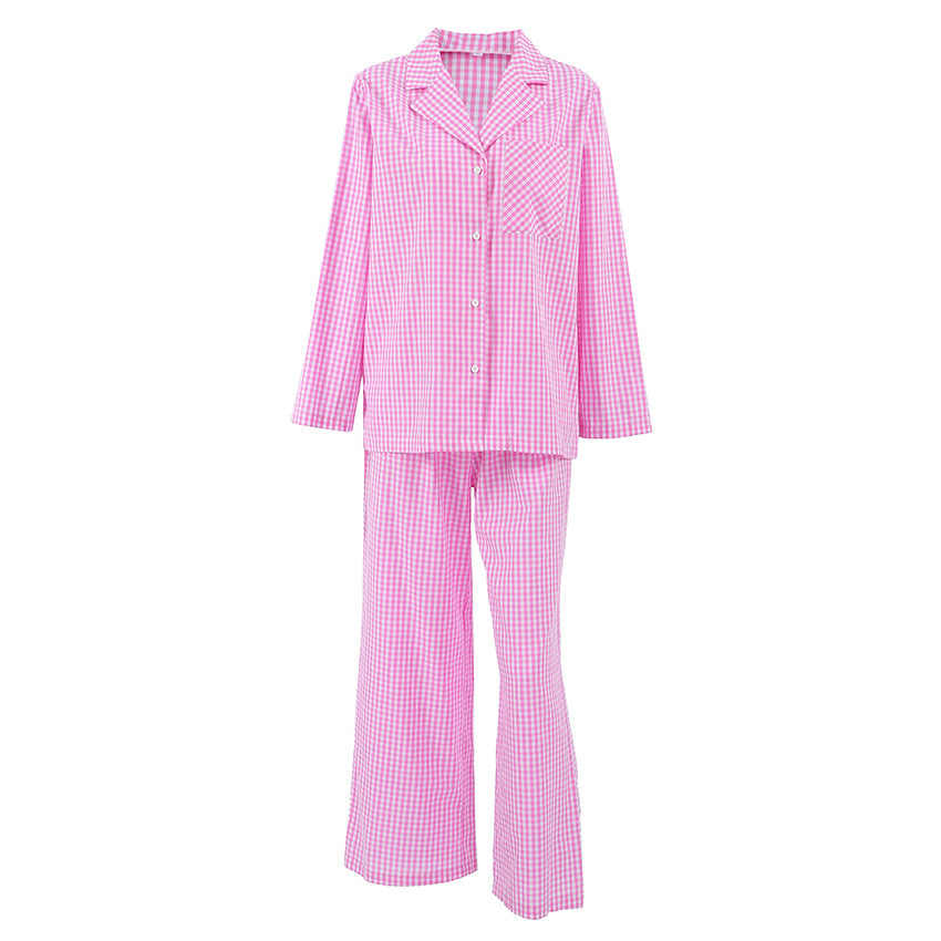 Autumn Cotton Plaid Long-Sleeve Pajama Set With Long Pants