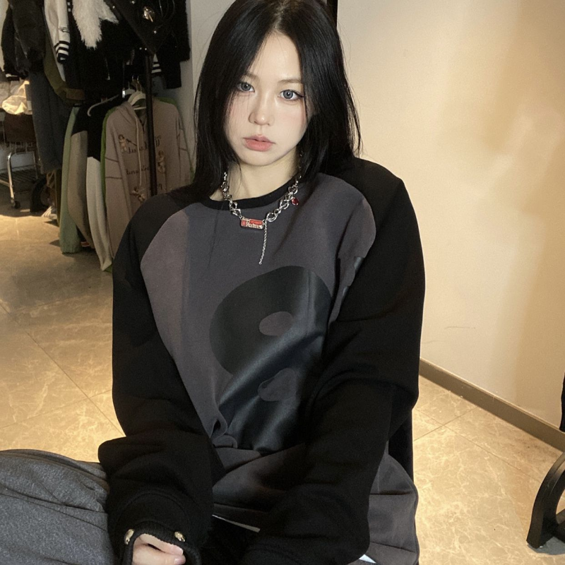 Cuff Rivet Design Letter Loose Round Neck Sweater