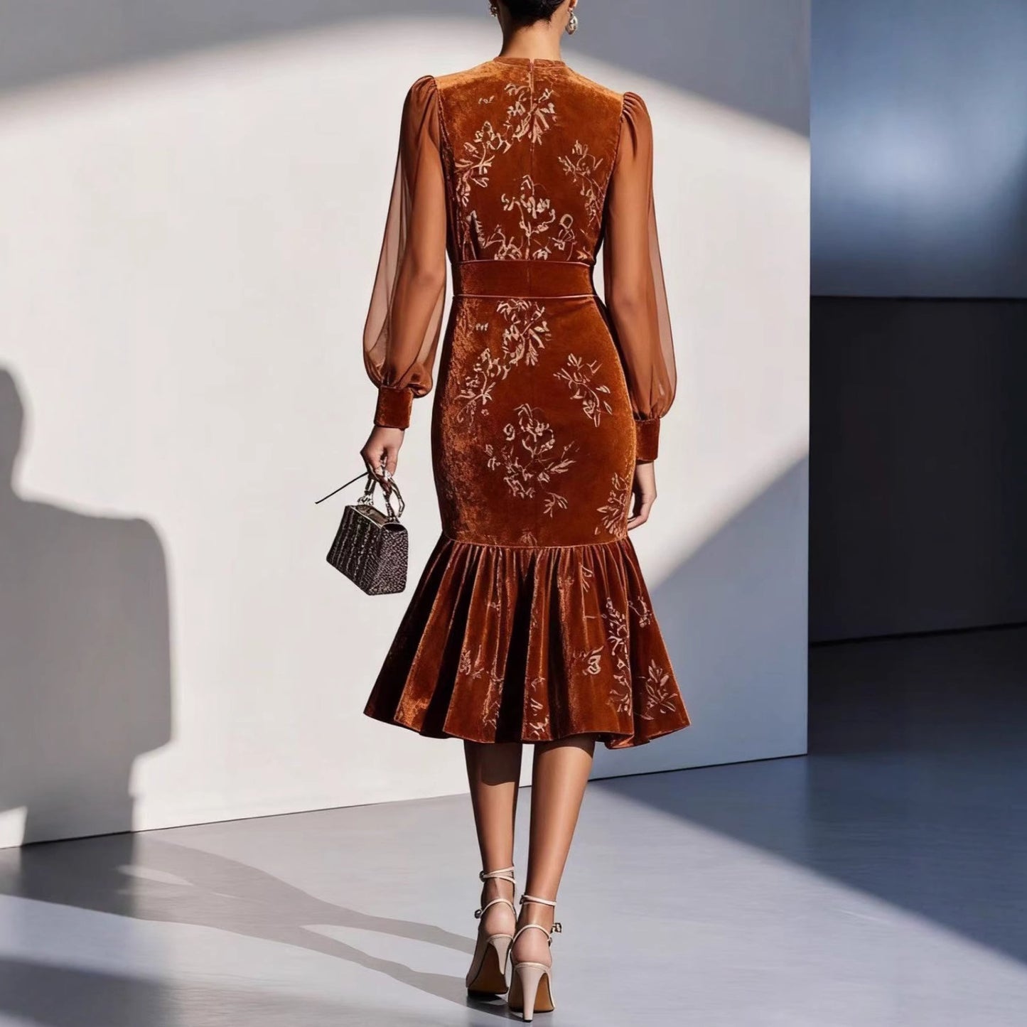 Womens Autumn Winter Caramel Velvet Mermaid Dress