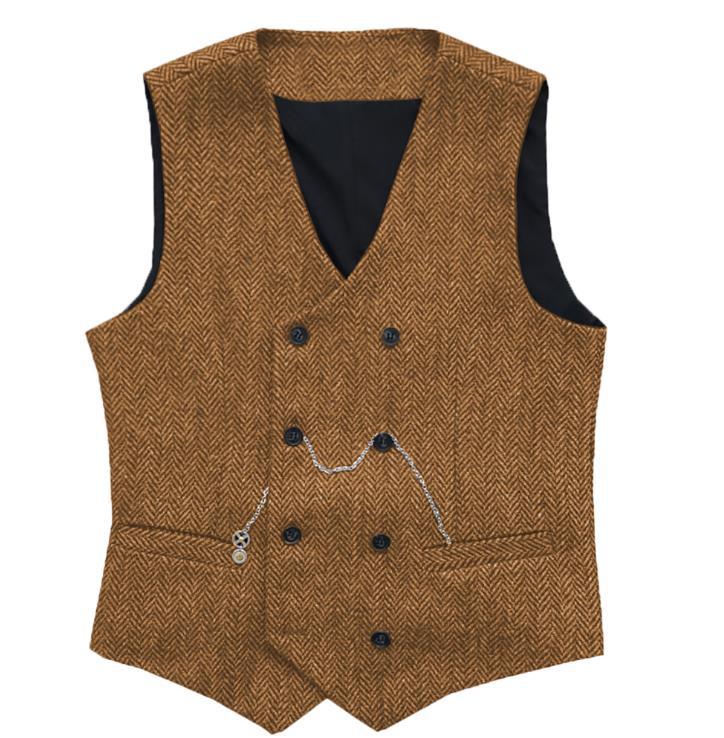 Men's Suit Vest Herringbone Pattern Faux Wool Vest Double Breasted V-neck