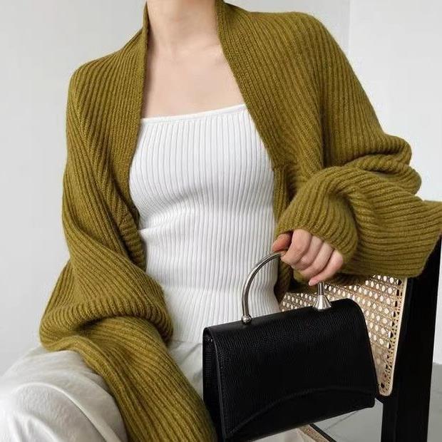 Strikket cardigan-jakke til kvinder, flagermusærmet sweater, kort, temperamentsfuld