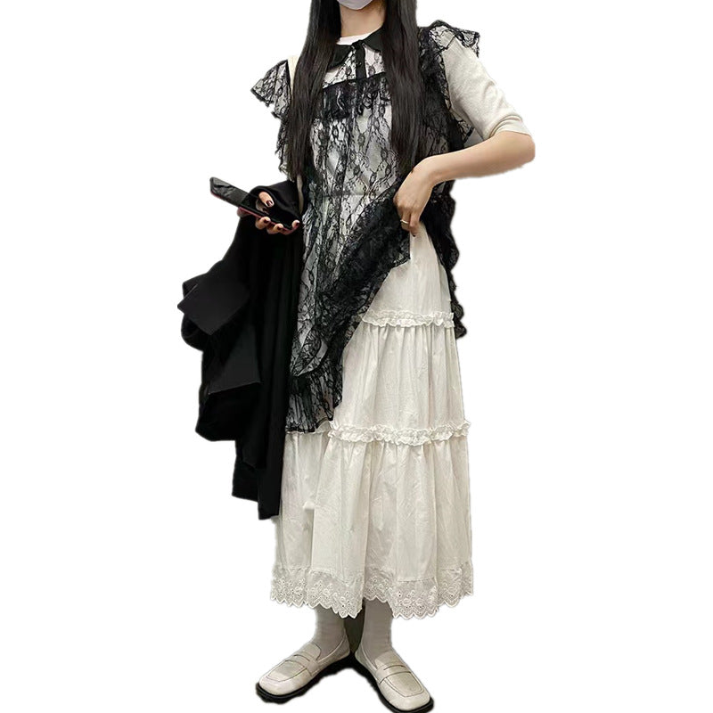 Spring White Lace Trim Tiered Skirt
