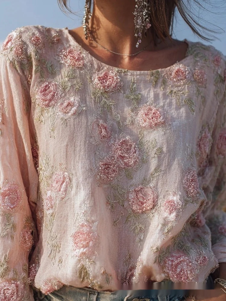 Retro Boheme Løs Linnedtop Med Roser