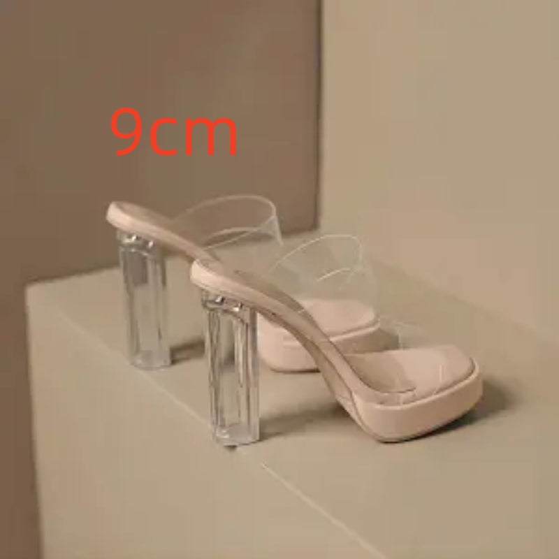 Crystal Transparent Thick Heel Fashion Net Celebrity Ins Tide High Heel Slippers