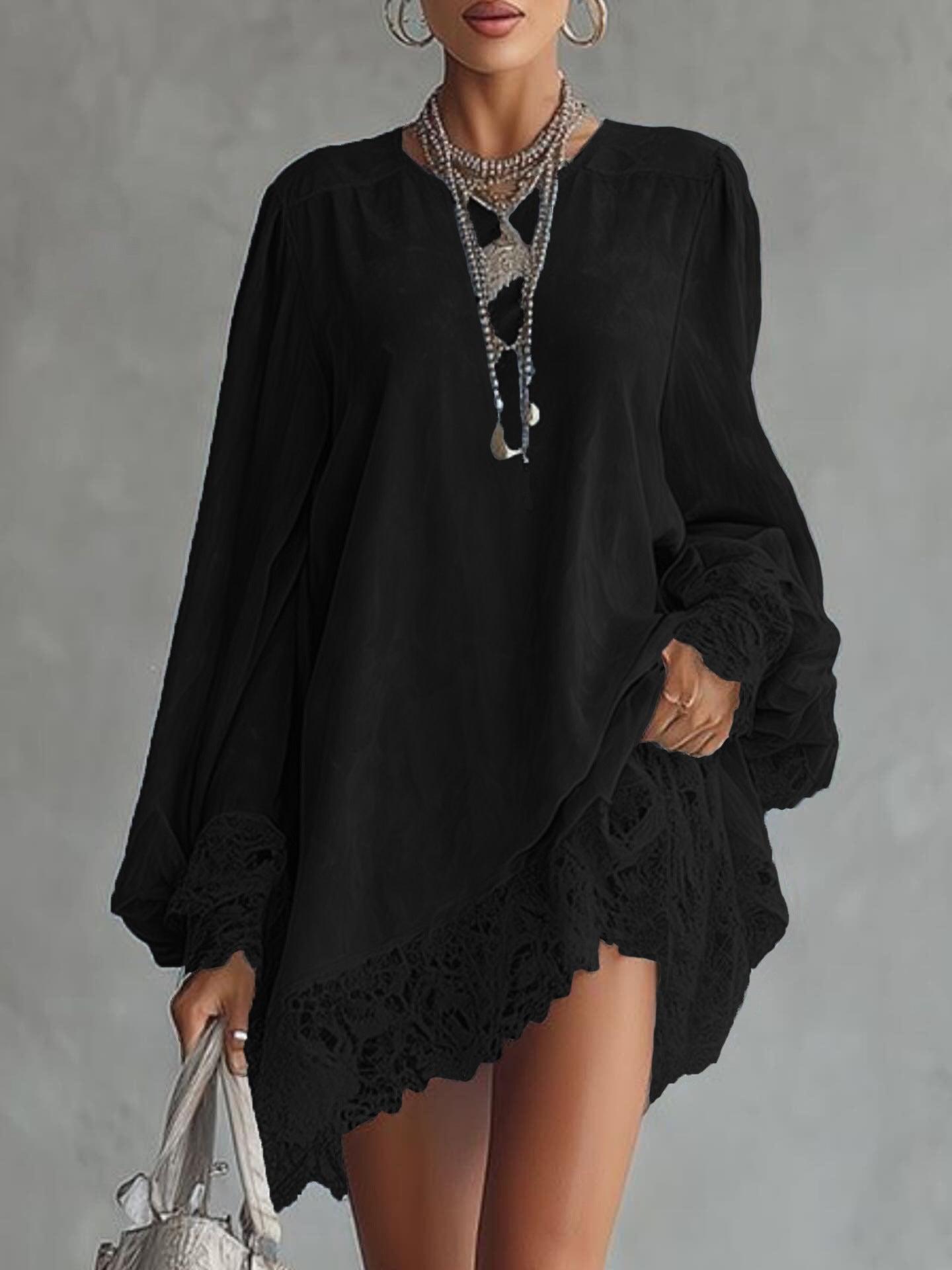 Bestselling Solid Color Lace-trimmed Dress