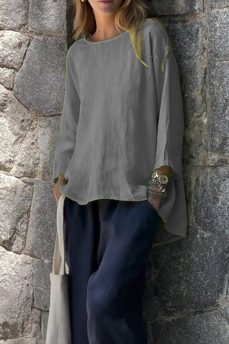 Women's Loose Linen Cotton Round Neck Long Sleeve Shirt