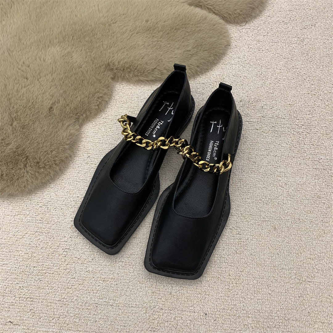 Metal Chain Square Toe Retro Leather Shoes