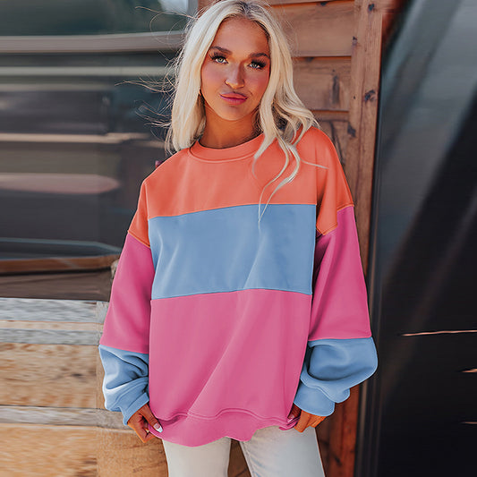 Rundhalset Flerfarvet Sweater Løs Langærmet Top til Hverdag