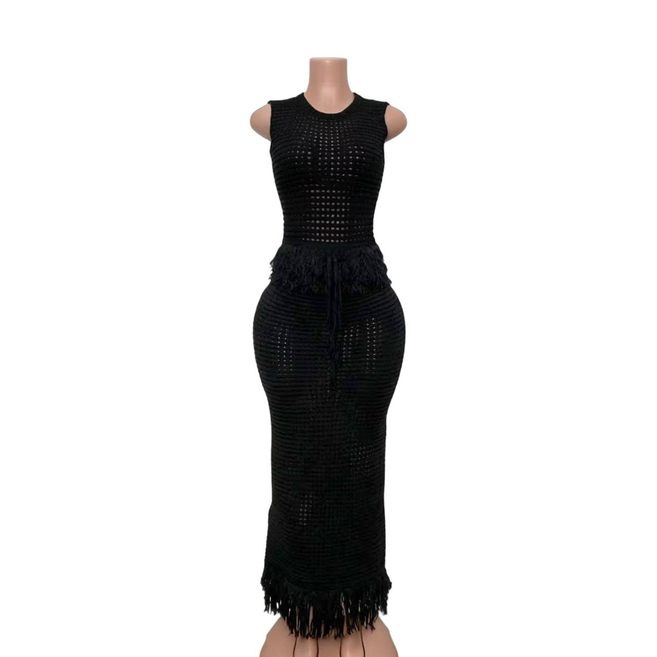 Hollow-out Fringe Sleeveless High-neck Top With Bodycon Long Skirt Two-piece Set
