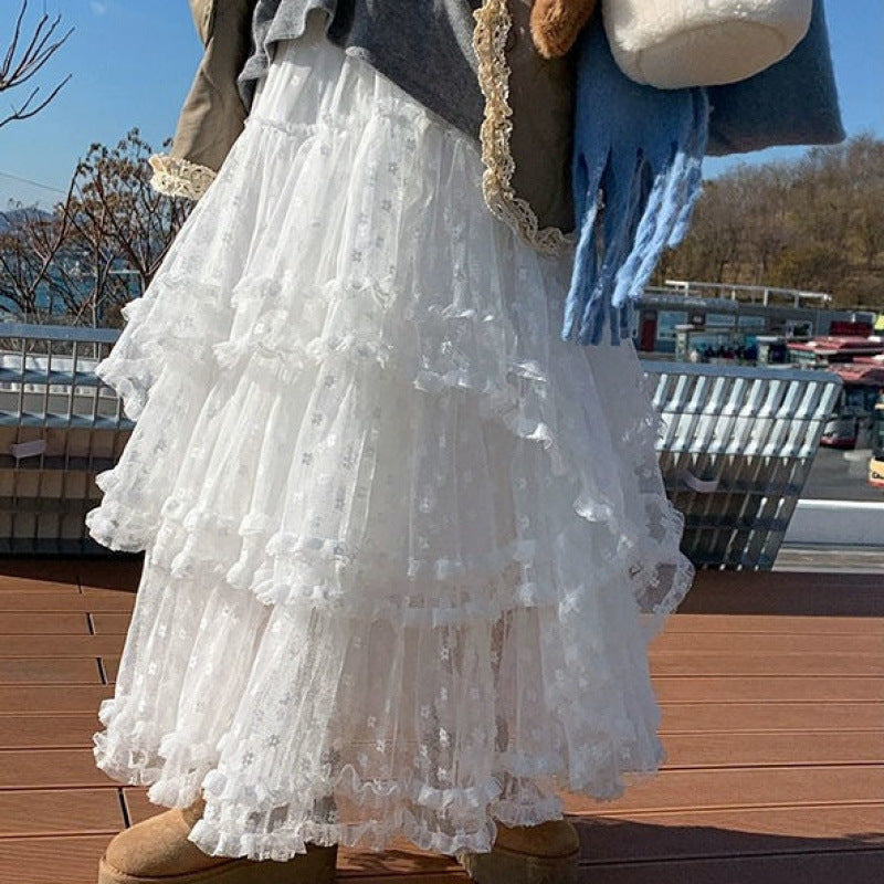 Lace Stitching High Waist Mid-length Skirt