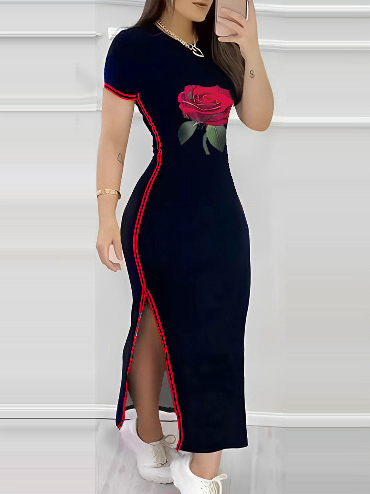Womens Rose-Crush Color-Block Striped Slit Casual Dress