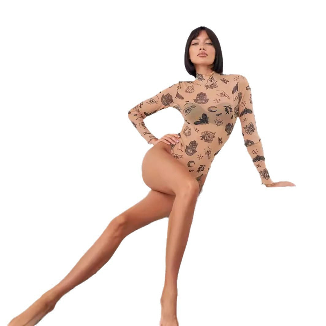 Women's Printed Long-sleeve Tight-fitting Bodysuit