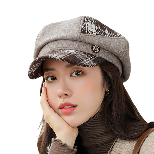 Socialite Color Matching Plaid Octagonal Cap Women's British Newsboy Cap Winter Warm Beret