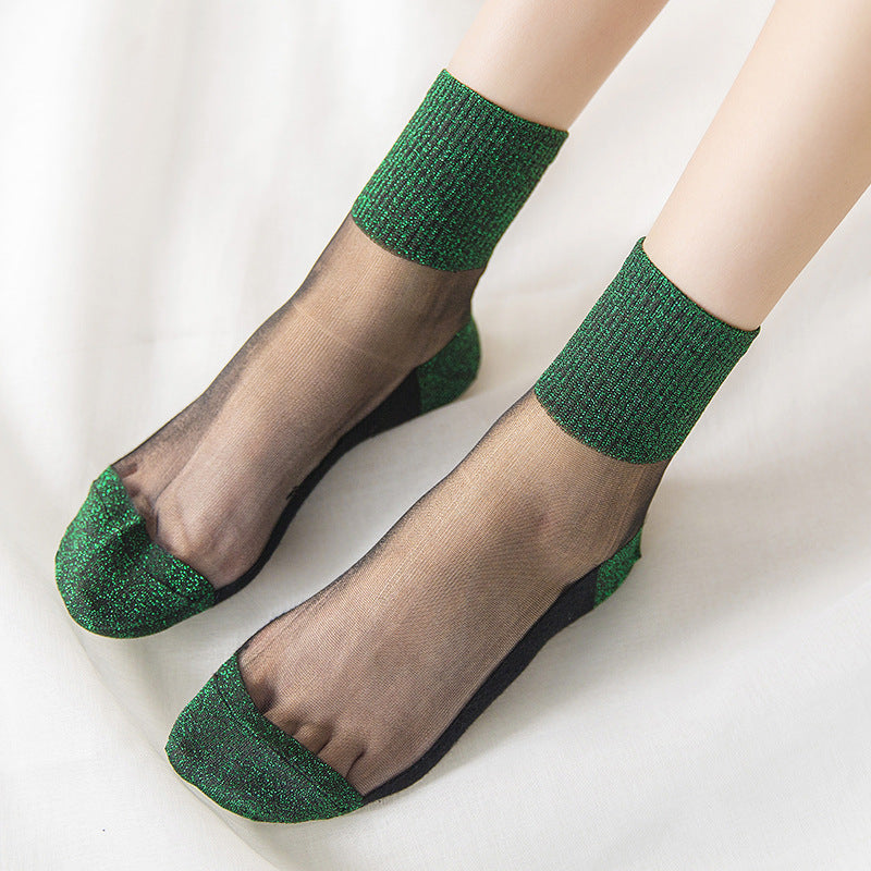 Spring And Summer Ultra-thin Women's Cotton Base Black Silk Transparent Mid-calf Socks