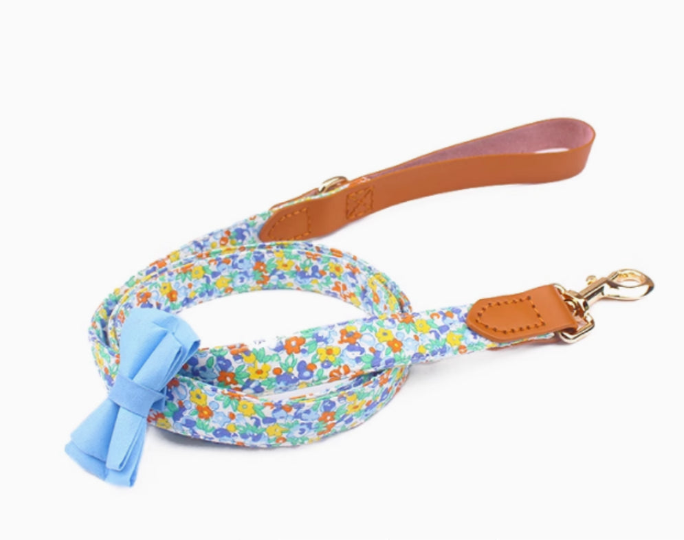 Cowhide Stitching Floral Cotton Pet Dog Collar Hand Holding Rope