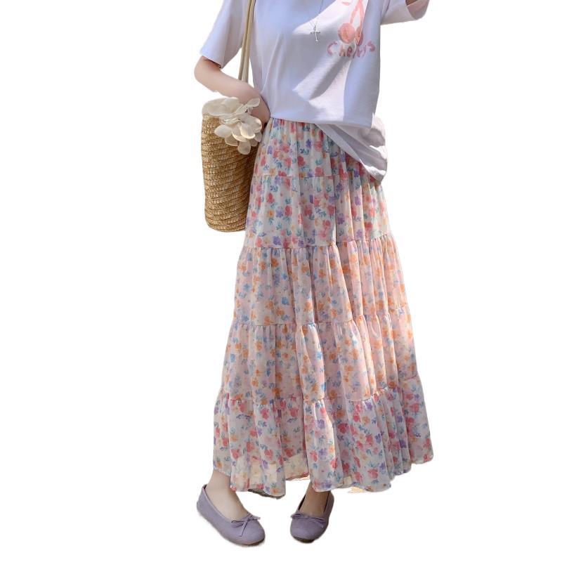 High Waist Drooping Printed Chiffon Floral Skirt For Women