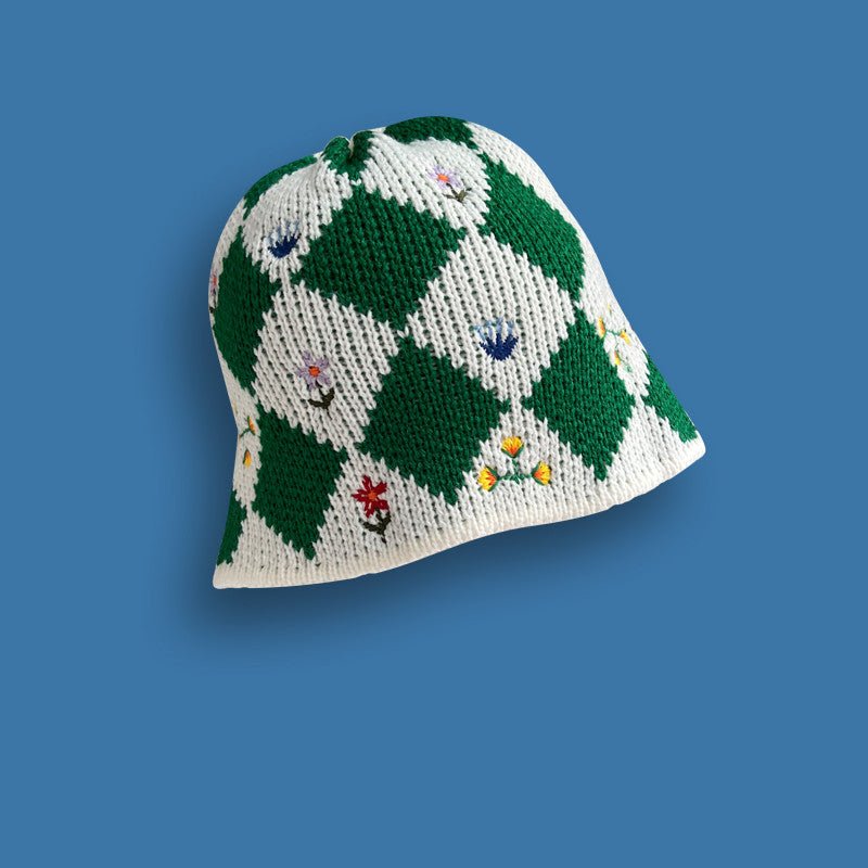 Diamond Check Flower Embroidered Knit Fisherman Hat