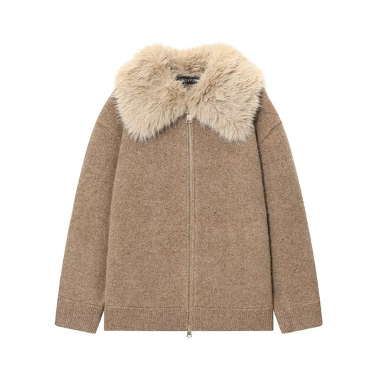 Lazy Style Faux Fur Collar Jacket Knit Sweater Coat