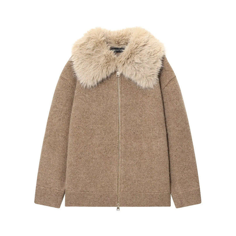 Lazy Style Faux Fur Collar Jacket Knit Sweater Coat