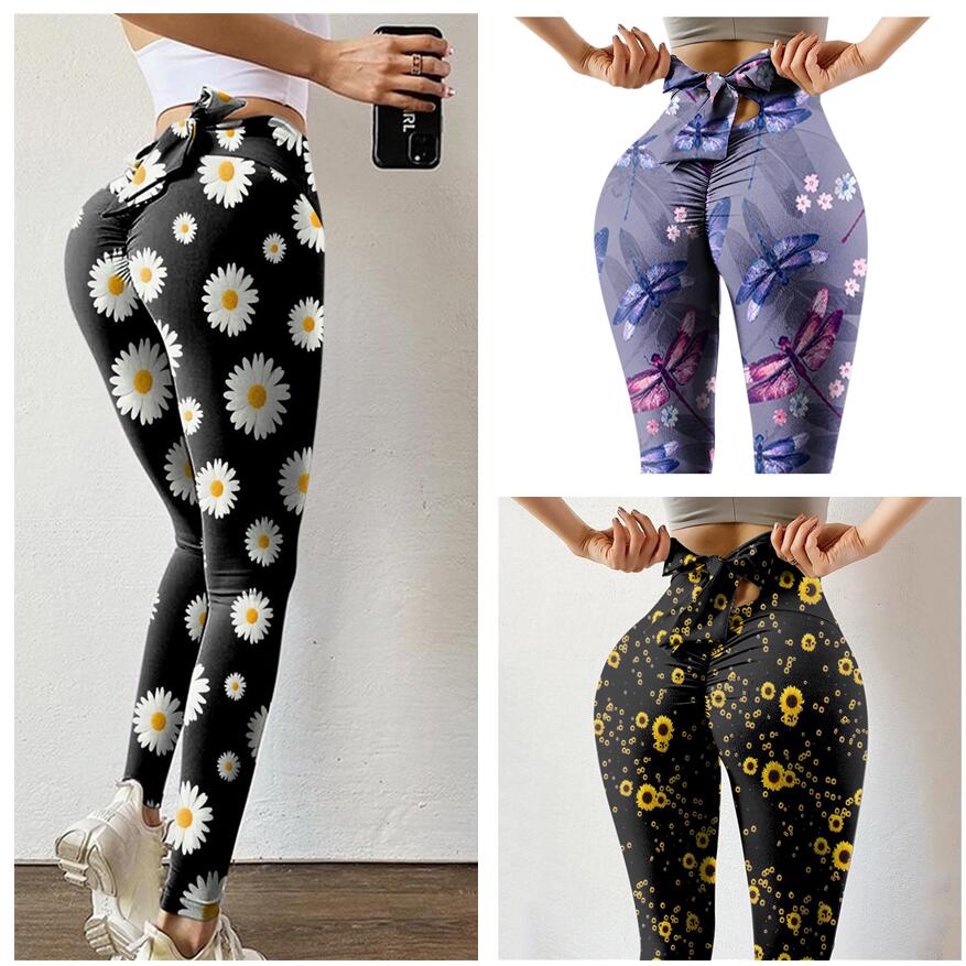 High-waist Printed Stretch-fitting Sports Fitness Yoga Pants, Outer Hip Pants