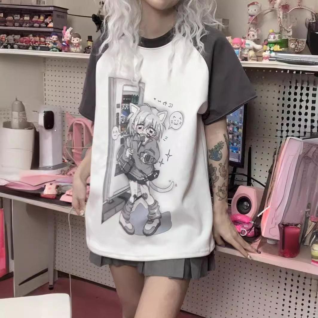 Water Color Raglan Girl Cute Sister Sleeve Detachable Short Sleeve T-shirt