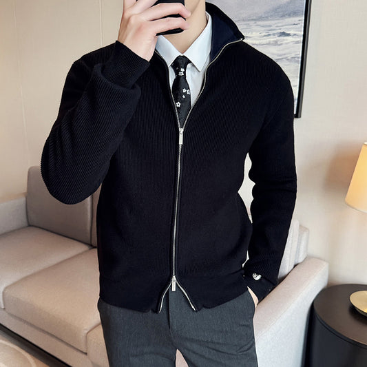 Autumn And Winter Thickening Men's Zipped Stand Collar Sweater Coat