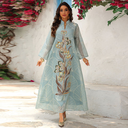 Womens Fashion Mesh Embroidered Long-Sleeve Dress