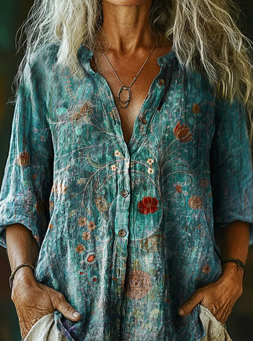 Women's Vintage Floral Print Casual Cotton And Linen Shirt