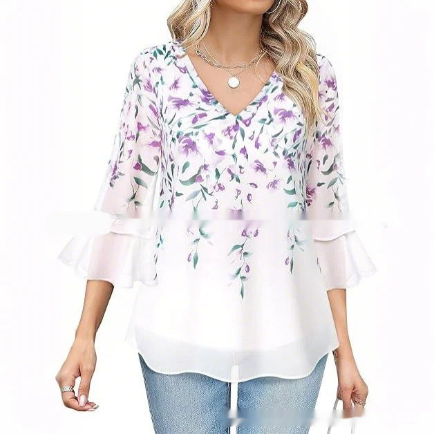 Women's Fashion Casual Top Pleated 34 Sleeve V