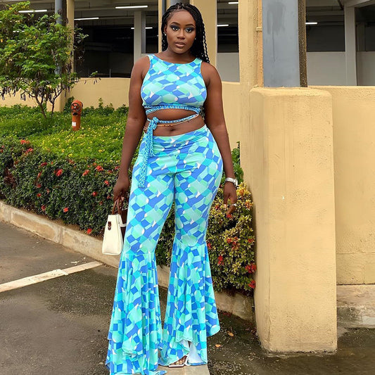 Sleeveless Pantsuit Loose-fitting With Drawstrings Midriff-baring Two-piece