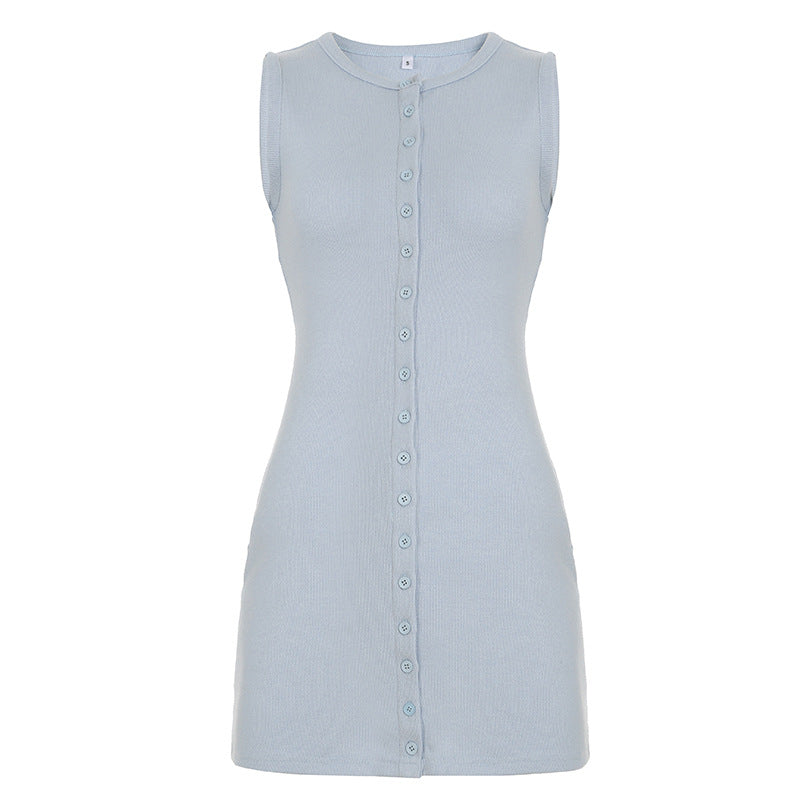 Solid-color Single-breasted Knitted Cardigan Vest Dress