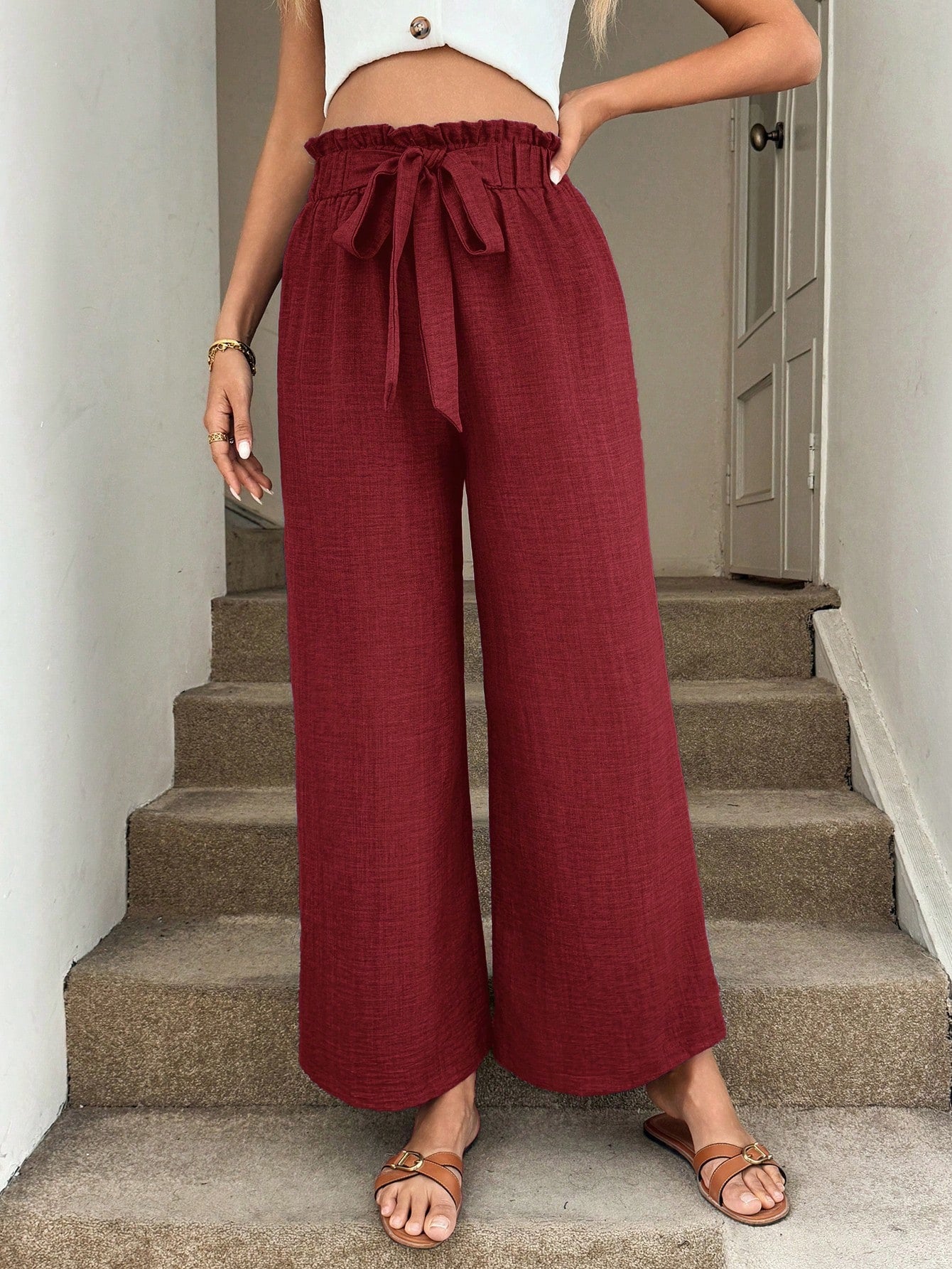 Bow-tie Waistband Casual Resort Flowy Pants