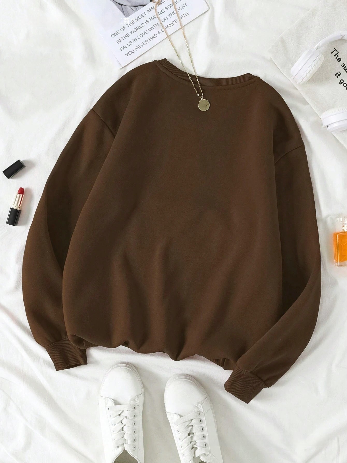 Women's Print Thermal Lined Crew Neck Loose Pullover Long Sl