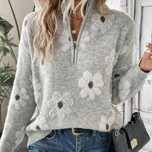 Women's Off-shoulder Sweater All-match Floral Printed Long-sleeved Top