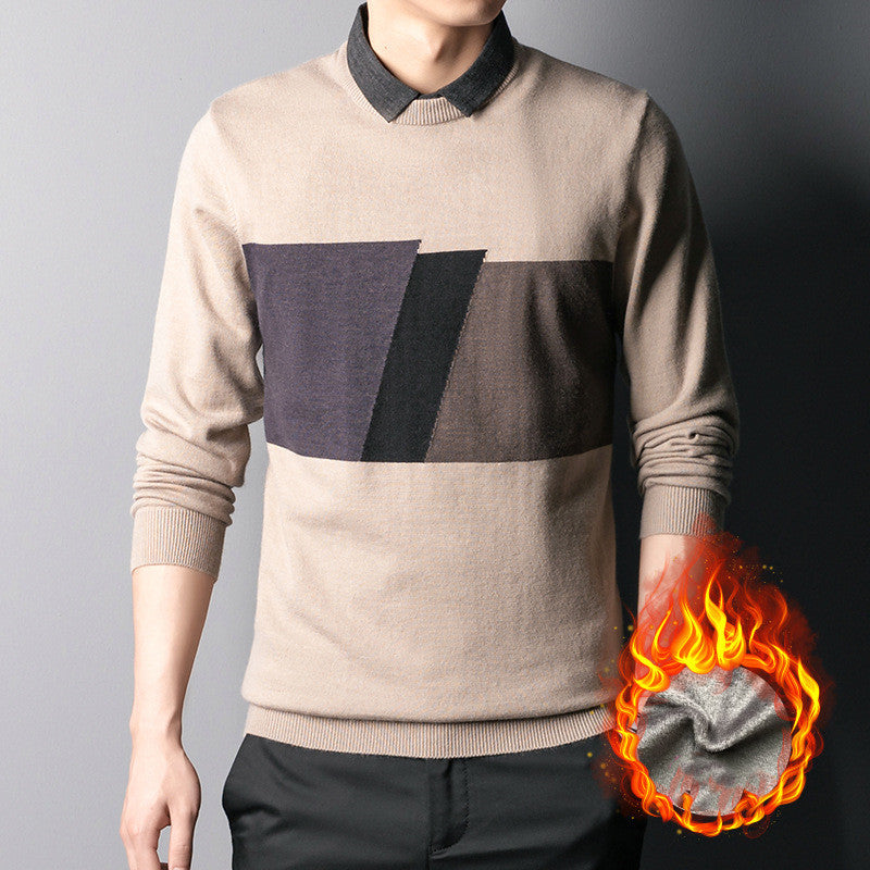 Colorblock Slim Top Fall Winter Men's Shirt Collar Knitwear