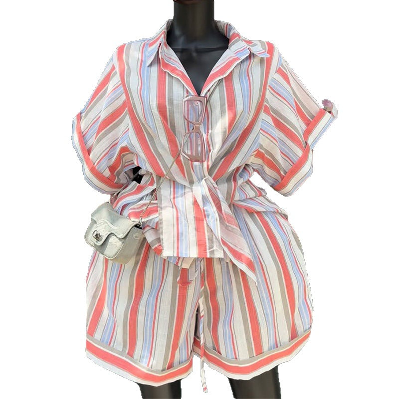 Notch-collar Striped Short-sleeve Shirt And Lace-up Wide-leg Shorts Set