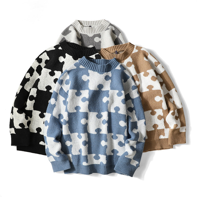 Løs sweater i koreansk stil med fransk rund hals og kontrastfarvede syninger